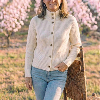 Cotton Turtleneck Cardigan with Ribbed Button Closure