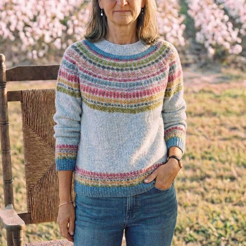 Cotton Sweater with Fair Isle Stripes Multicolor
