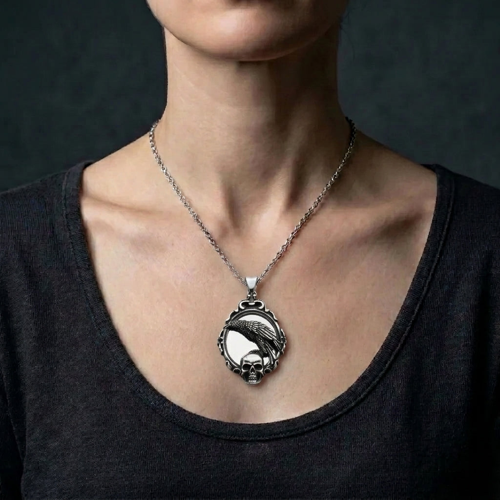 Raven and Skull Ornate Frame Pendant Necklace