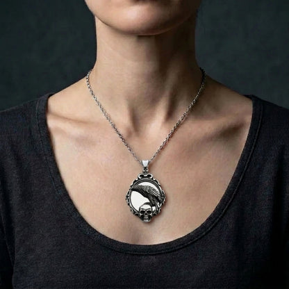 Raven and Skull Ornate Frame Pendant Necklace