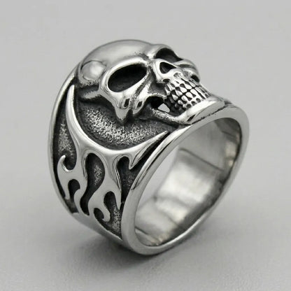 Fanged Skull Tribal Flame Wide Band Ring
