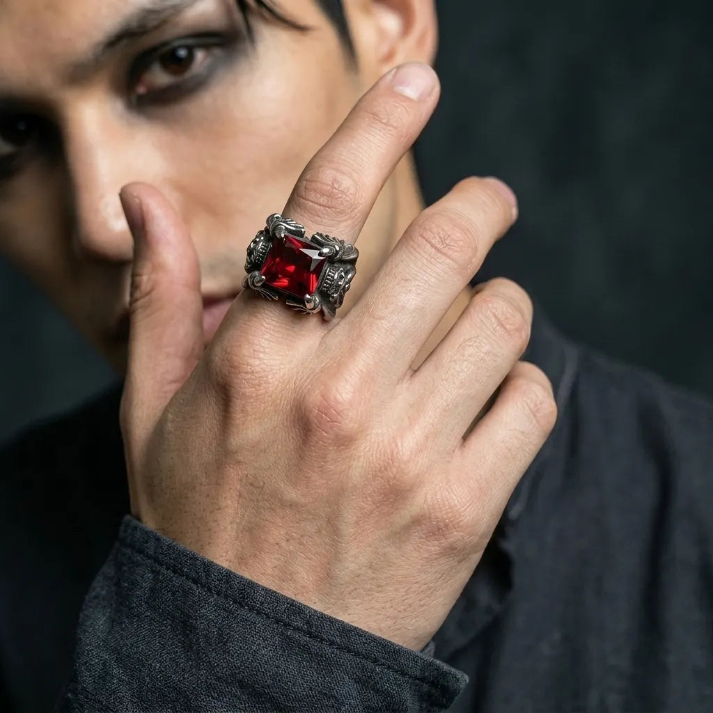 Red Cushion Crystal Skull Claw Statement Ring