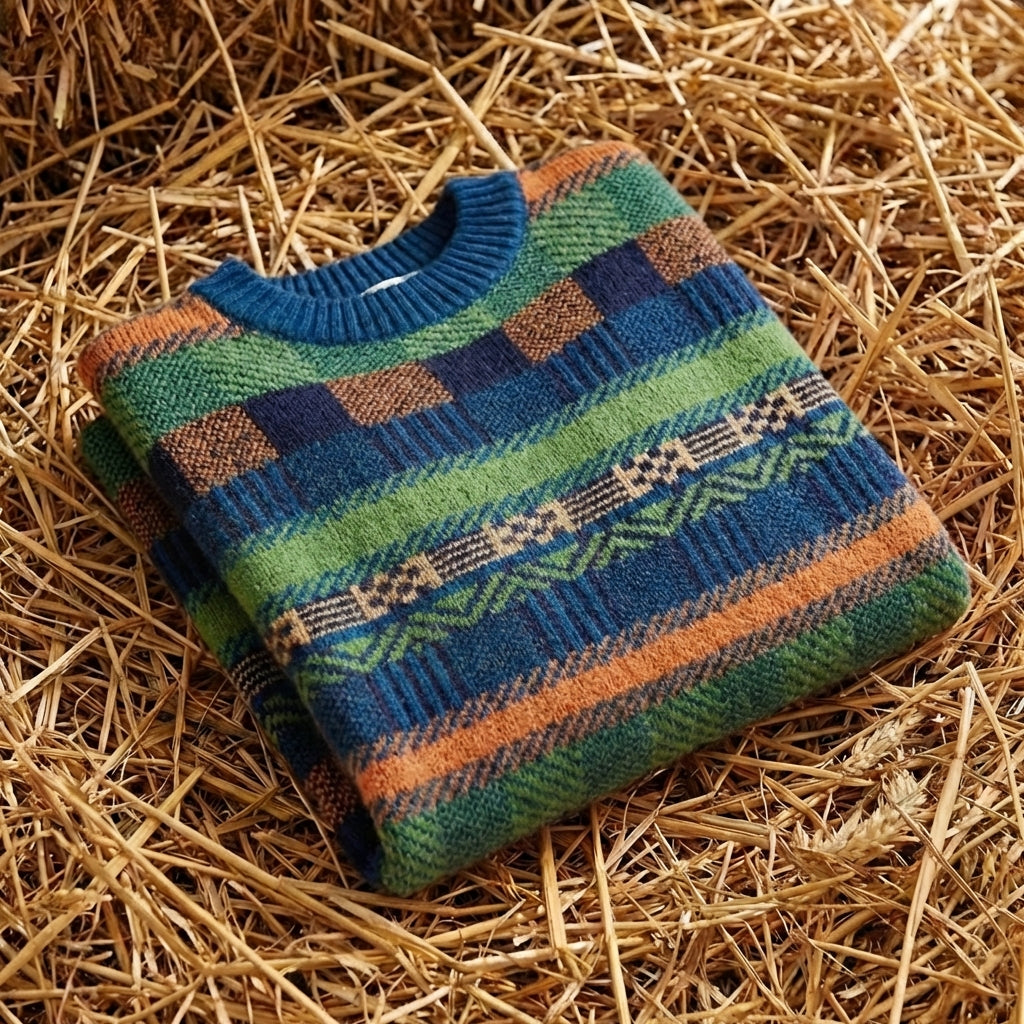 Cotton Sweater Green-Blue with Horizontal Stripes