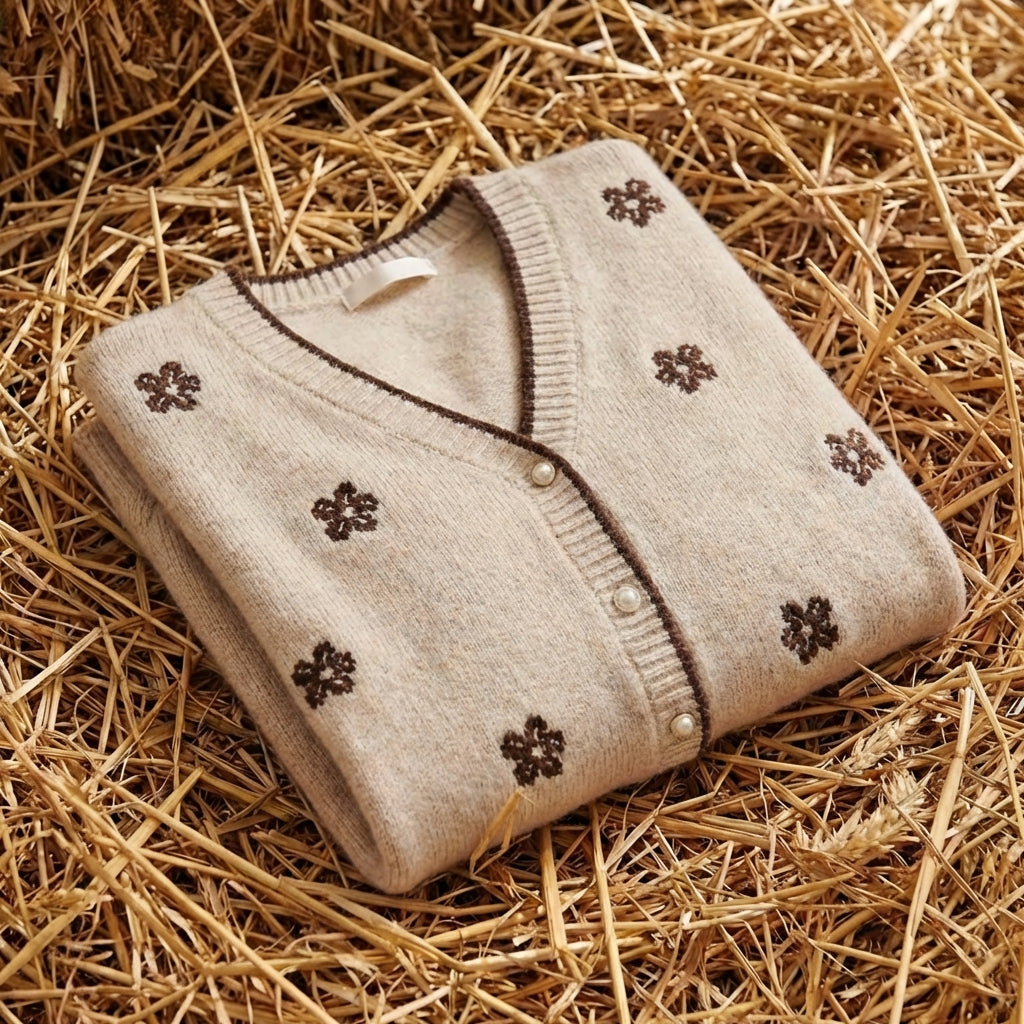 Cotton V-Neck Cardigan with Embroidered Accents