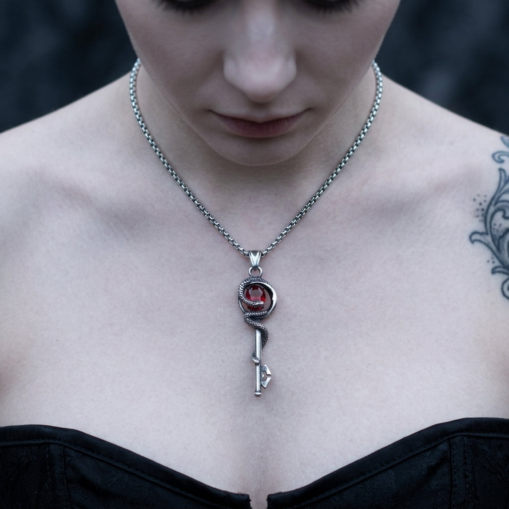 Garnet Stone Serpent Key Necklace