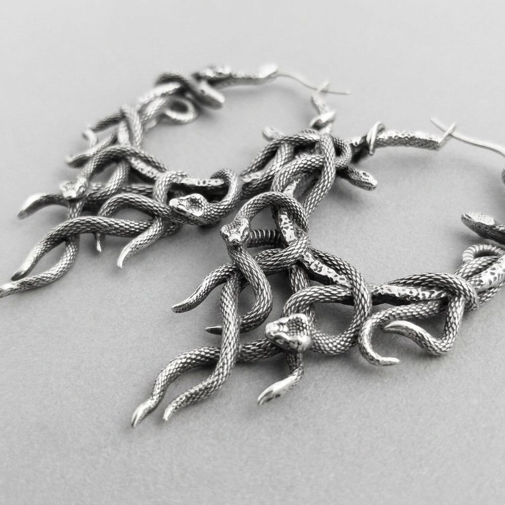 Silver Medusa Snake Hoop Earrings