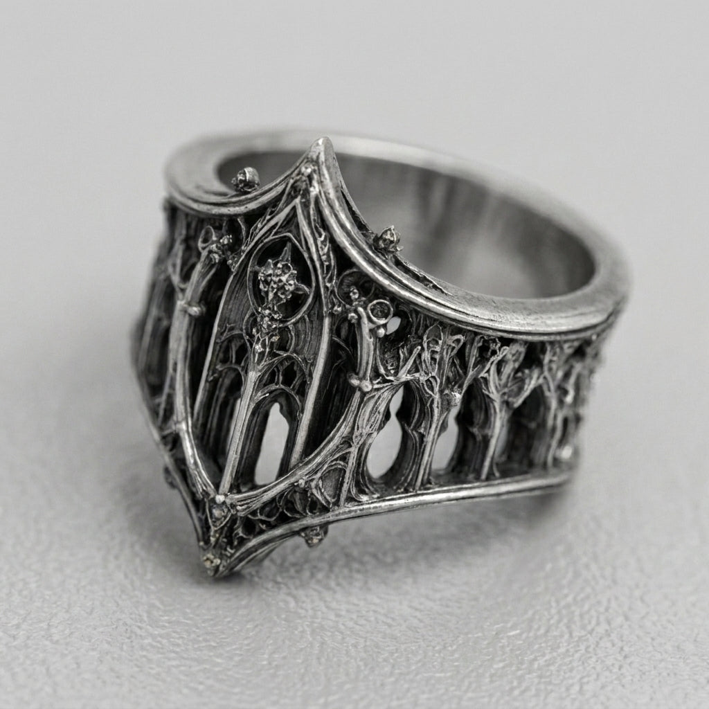 Gothic Arched Filigree Oxidised Silver Statement Ring