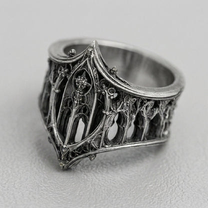 Gothic Arched Filigree Oxidised Silver Statement Ring