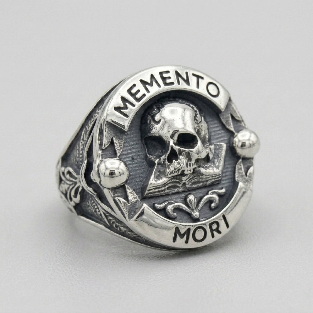 Memento Mori Skull Open Book Signet Ring