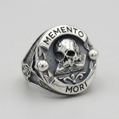Memento Mori Skull Open Book Signet Ring
