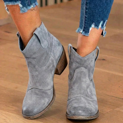 Orthopedic Suede Western Ankle Boots - Low Block Heel Pull-On