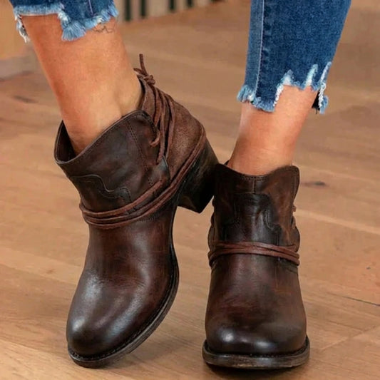 Orthopedic Leather Ankle Boots - Vintage Wrap-Around Lace