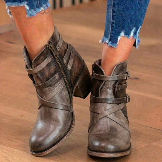Orthopedic Leather Multi-Strap Ankle Boots - Side Zip Buckle