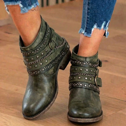 Orthopedic Leather Studded Ankle Boots - Chain & Rivet Detail