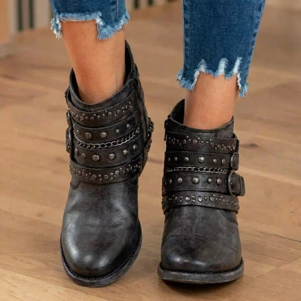 Orthopedic Leather Studded Ankle Boots - Chain & Rivet Detail