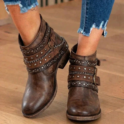 Orthopedic Leather Studded Ankle Boots - Chain & Rivet Detail