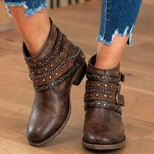 Orthopedic Leather Studded Ankle Boots - Chain & Rivet Detail