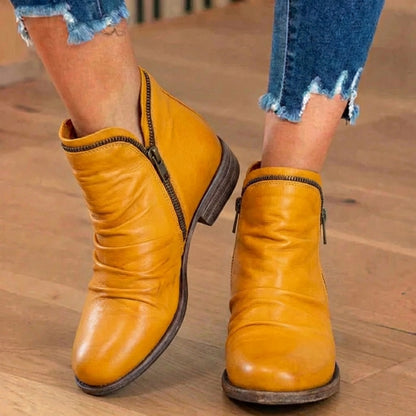 Orthopedic Leather Ruched Ankle Boots - Side Zip Low Heel