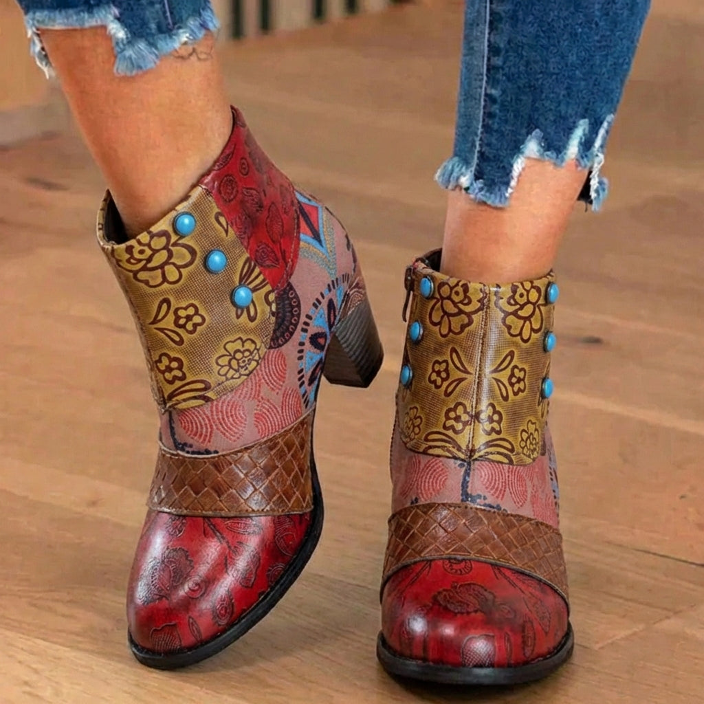 Orthopedic Bohemian Patchwork Ankle Boots - Embossed Leather