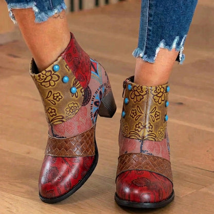 Orthopedic Bohemian Patchwork Ankle Boots - Embossed Leather