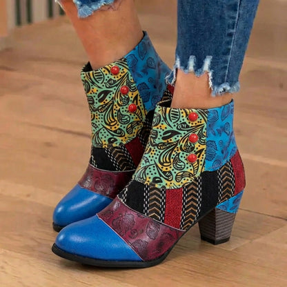 Orthopedic Bohemian Patchwork Ankle Boots - Embossed Leather