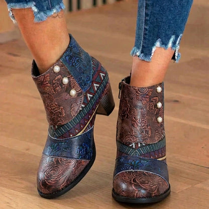 Orthopedic Bohemian Patchwork Ankle Boots - Embossed Leather