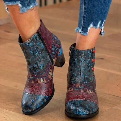Orthopedic Bohemian Patchwork Ankle Boots - Embossed Leather