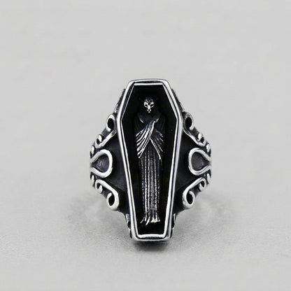 Coffin Ring with Skeleton Figure and Scroll Filigree
