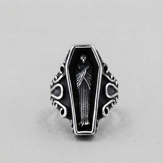 Coffin Ring with Skeleton Figure and Scroll Filigree