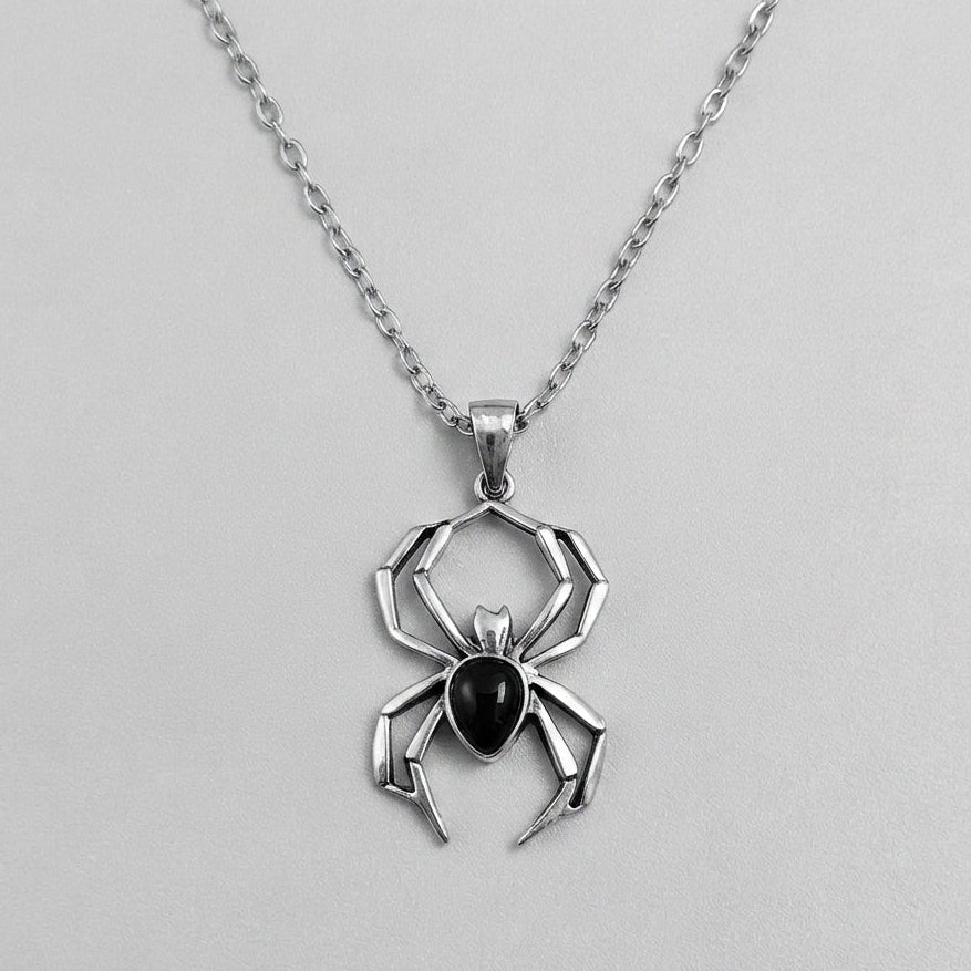 Black Gemstone Spider Pendant Necklace
