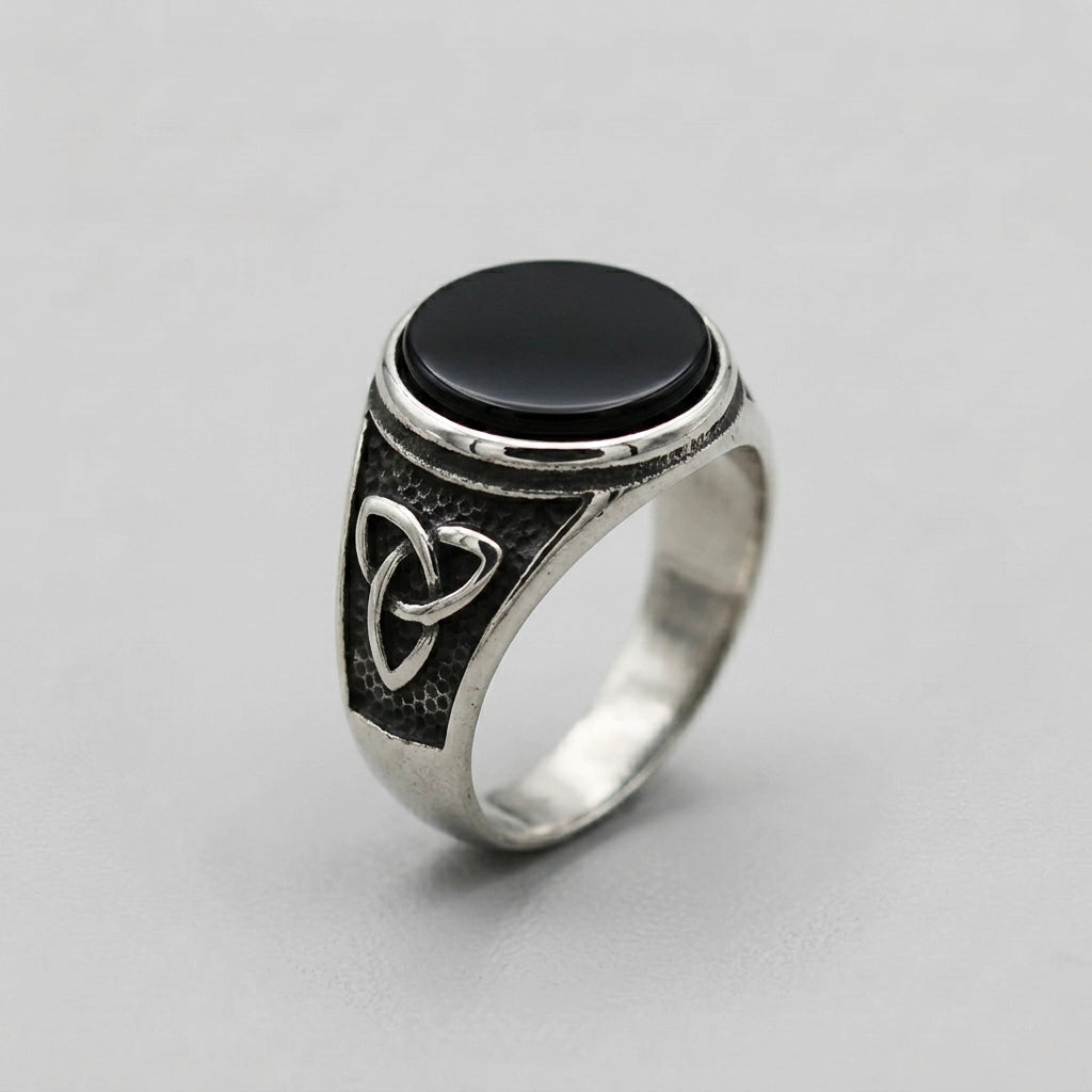 Triquetra Signet Ring with Round Onyx Stone