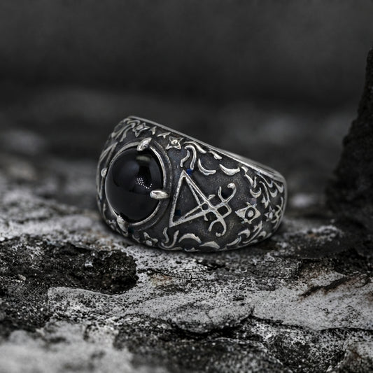 Black Onyx Sigil of Lucifer Baroque Ring