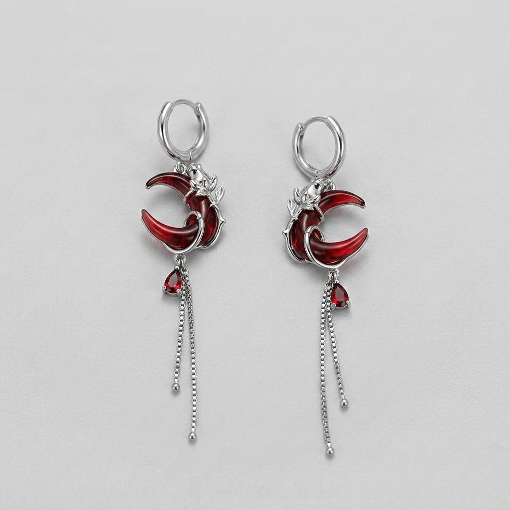 Gothic Style Asymmetry Red Moon Rose Earrings