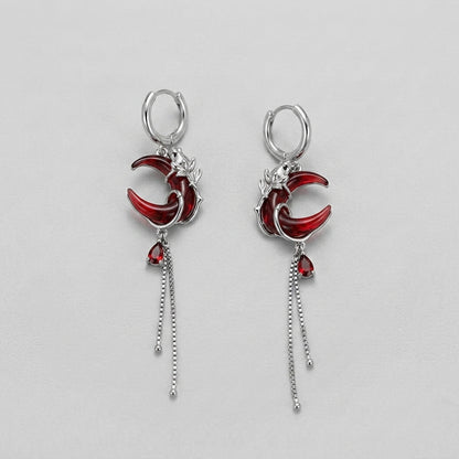 Gothic Style Asymmetry Red Moon Rose Earrings