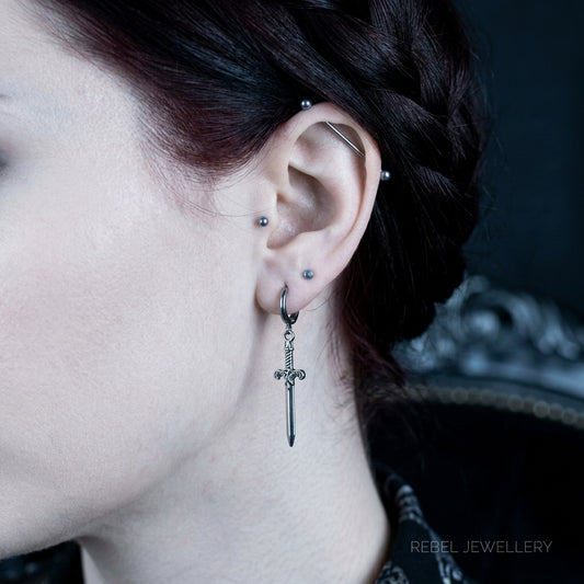 Silver Steel Hoop Dagger Earings
