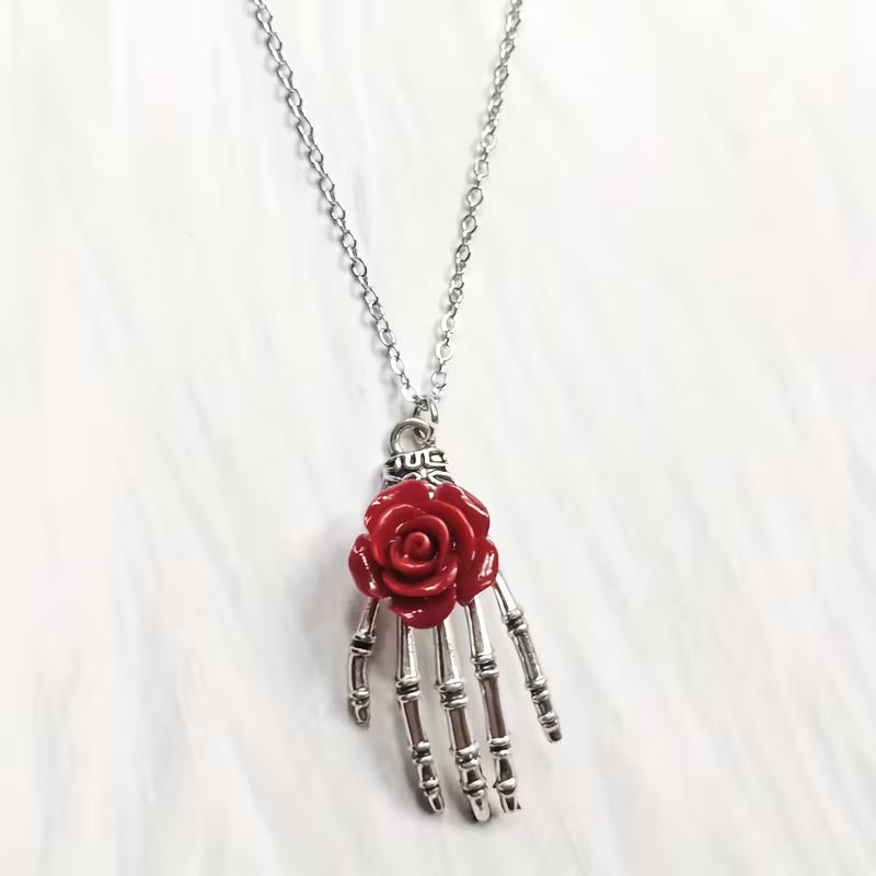 Red Rose Skull Hand Necklace