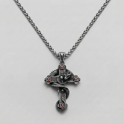 Snake and Skull Cross Necklace with Red Gemstones