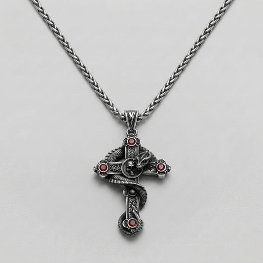 Snake and Skull Cross Necklace with Red Gemstones