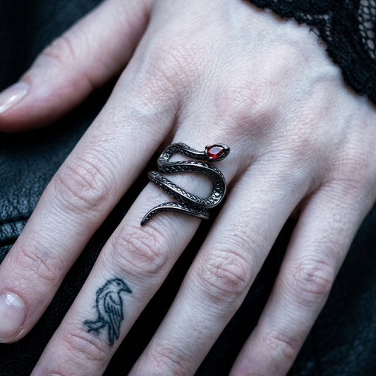 Black Coiled Snake Ring Red Gothic