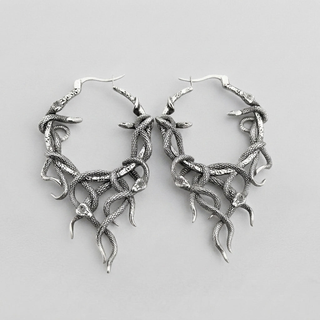 Silver Medusa Snake Hoop Earrings