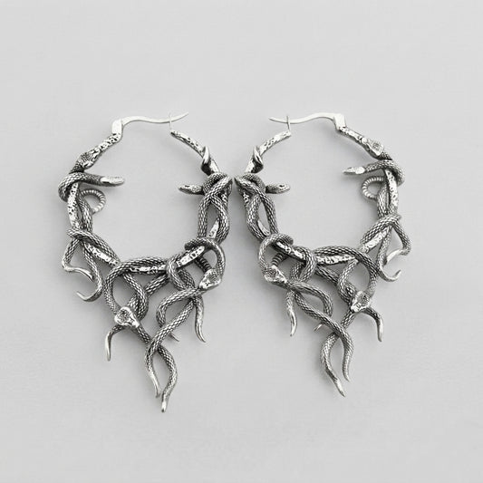 Silver Medusa Snake Hoop Earrings