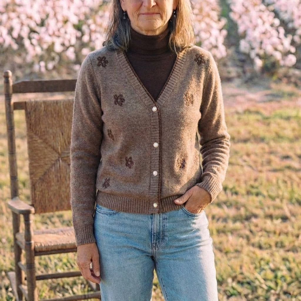 Cotton V-Neck Cardigan with Embroidered Accents