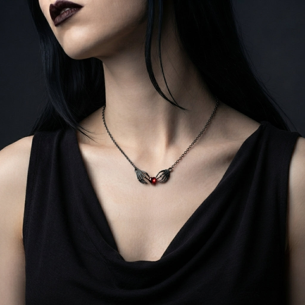 Skeleton Hands Red Heart Necklace