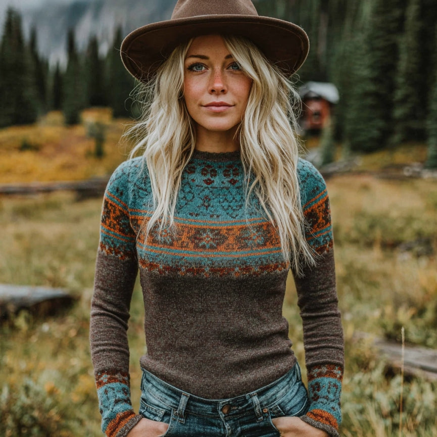 Women's Vintage Western Geometric Pattern Cozy Knit Sweater artswardrobe