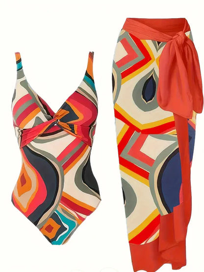 Tropical Print One Piece With Sarong