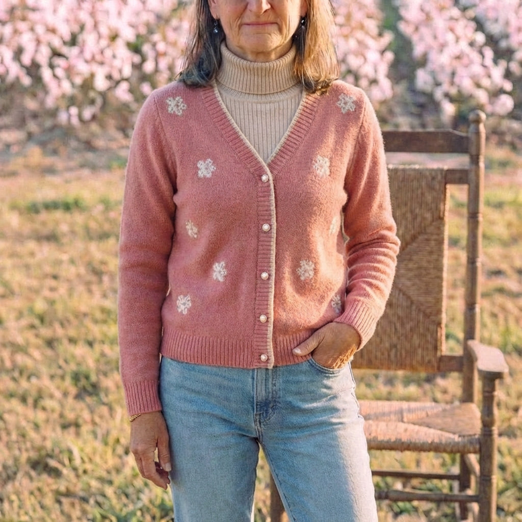 Cotton V-Neck Cardigan with Embroidered Accents