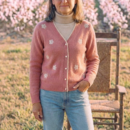 Cotton V-Neck Cardigan with Embroidered Accents