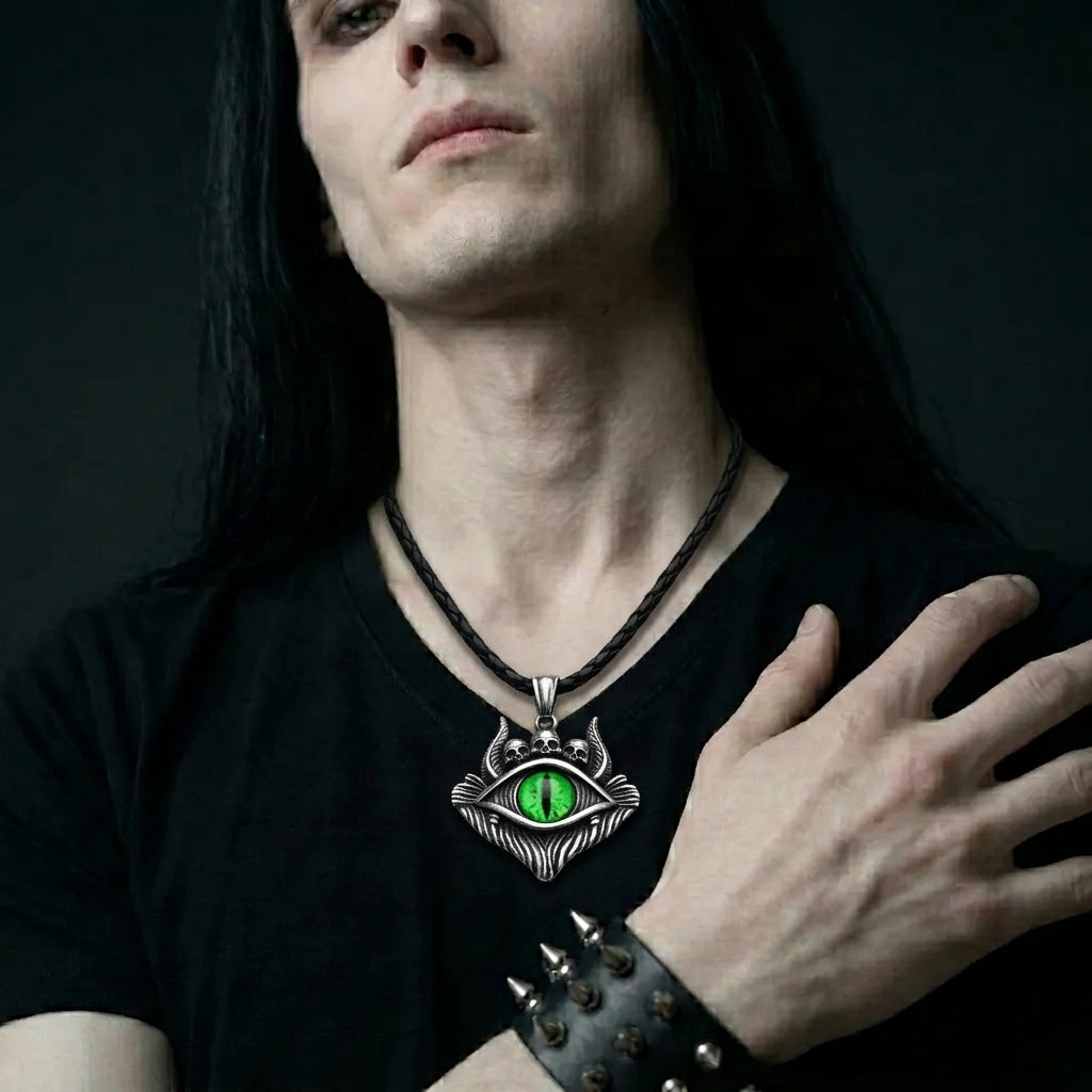 Dragon Eye Pendant with Skulls – Green Gemstone Necklace