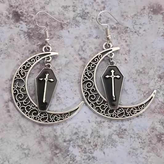 Carved Moon Black Coffin Cross Earrings