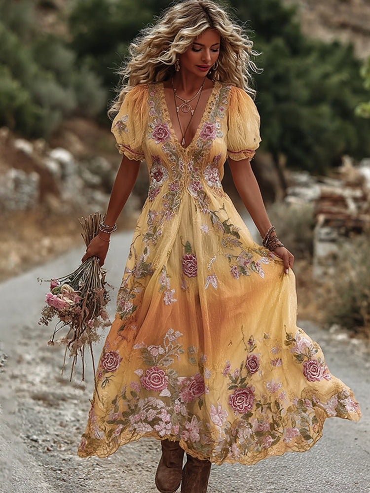 Women's Vintage Rose Embroidery Art Comfy Linen Maxi Dress artswardrobe